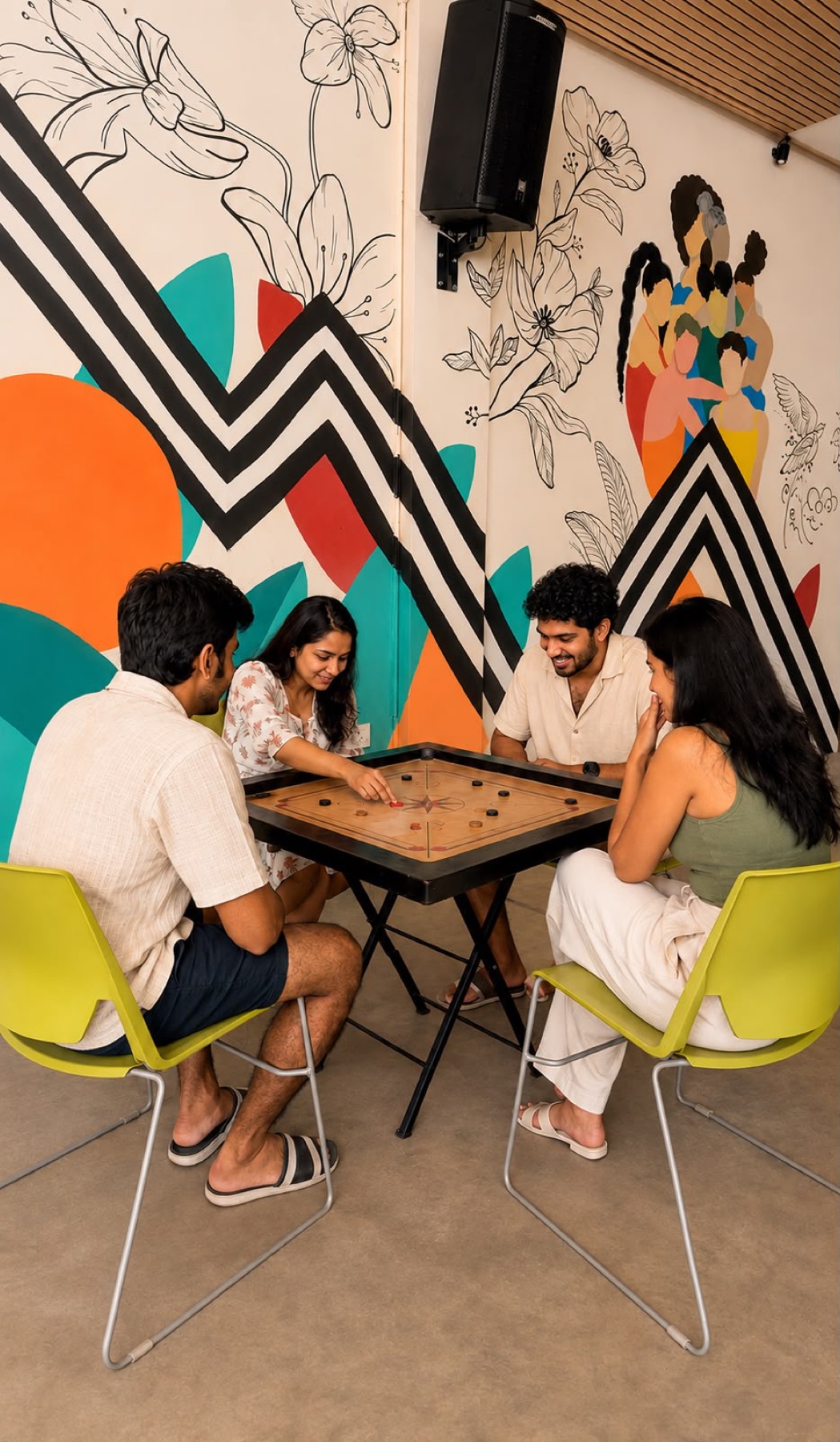 Colleagues playing carrom beside a bright mural at Orchid Tree