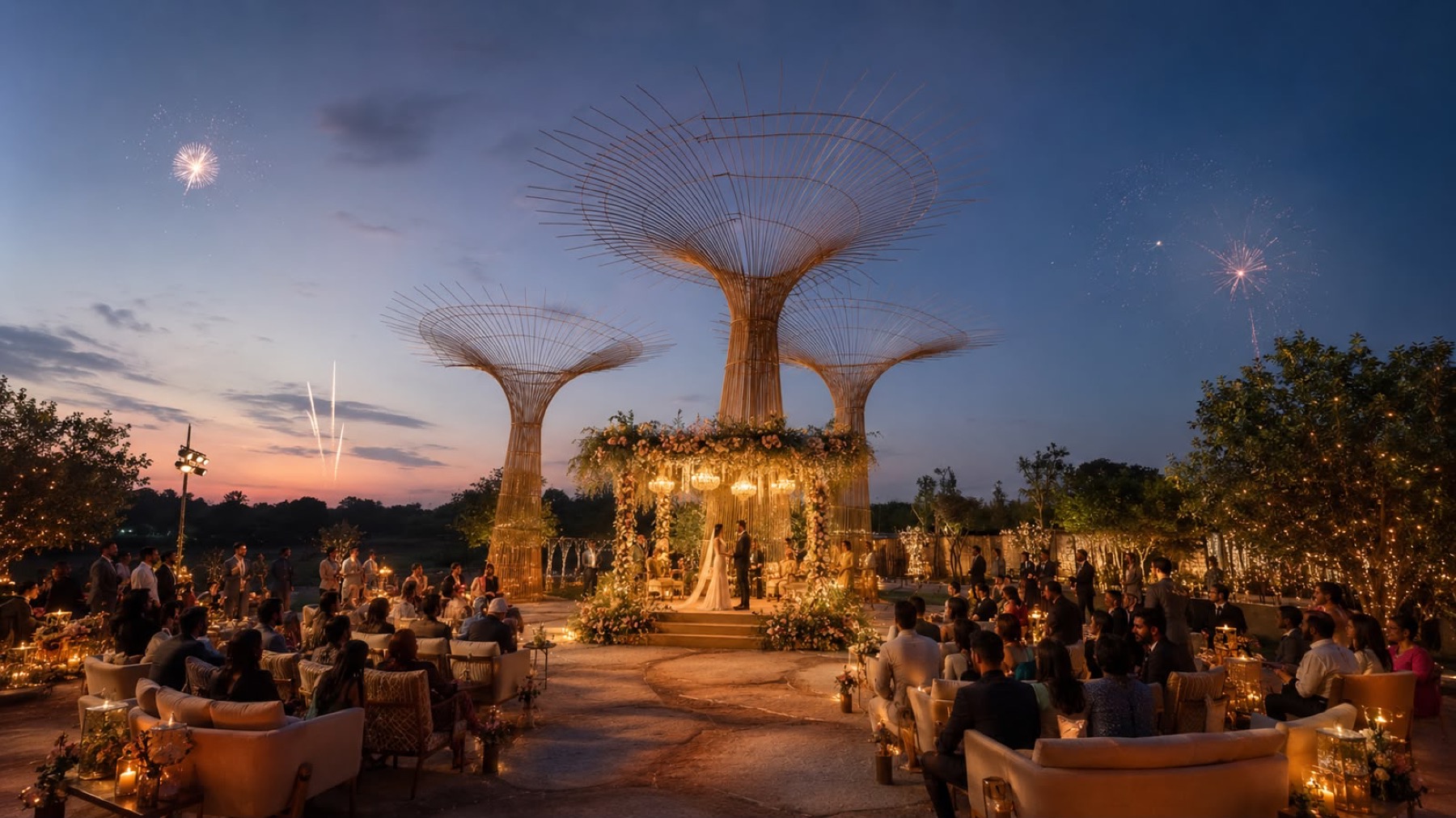 A wide view of a dusk wedding ceremony at Orchid Tree, guests seated before an illuminated mandap beneath tall lit garden structures