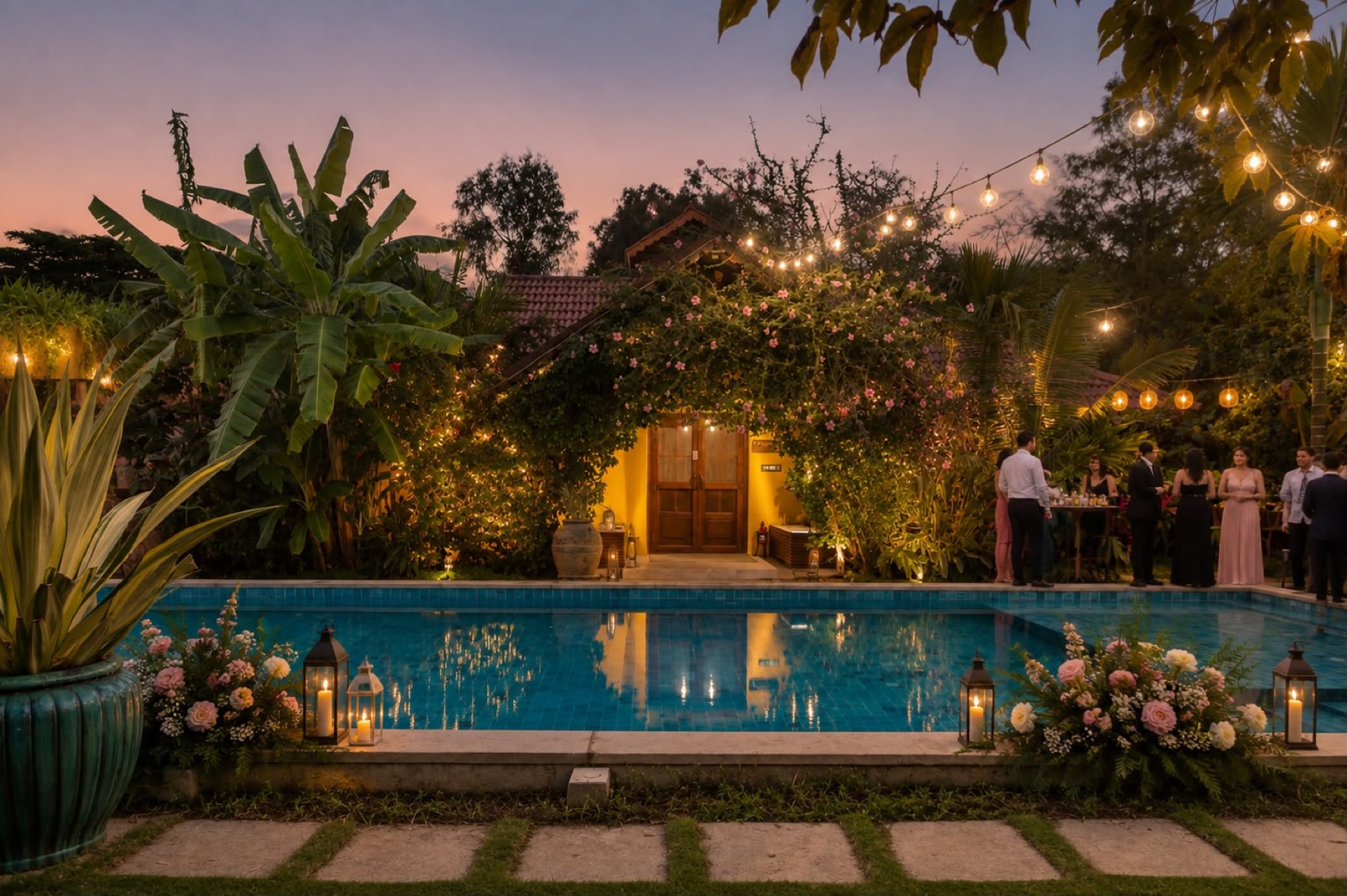 A garden cottage at Orchid Tree at dusk, lanterns and string lights reflected in the pool with wedding flowers along the edge