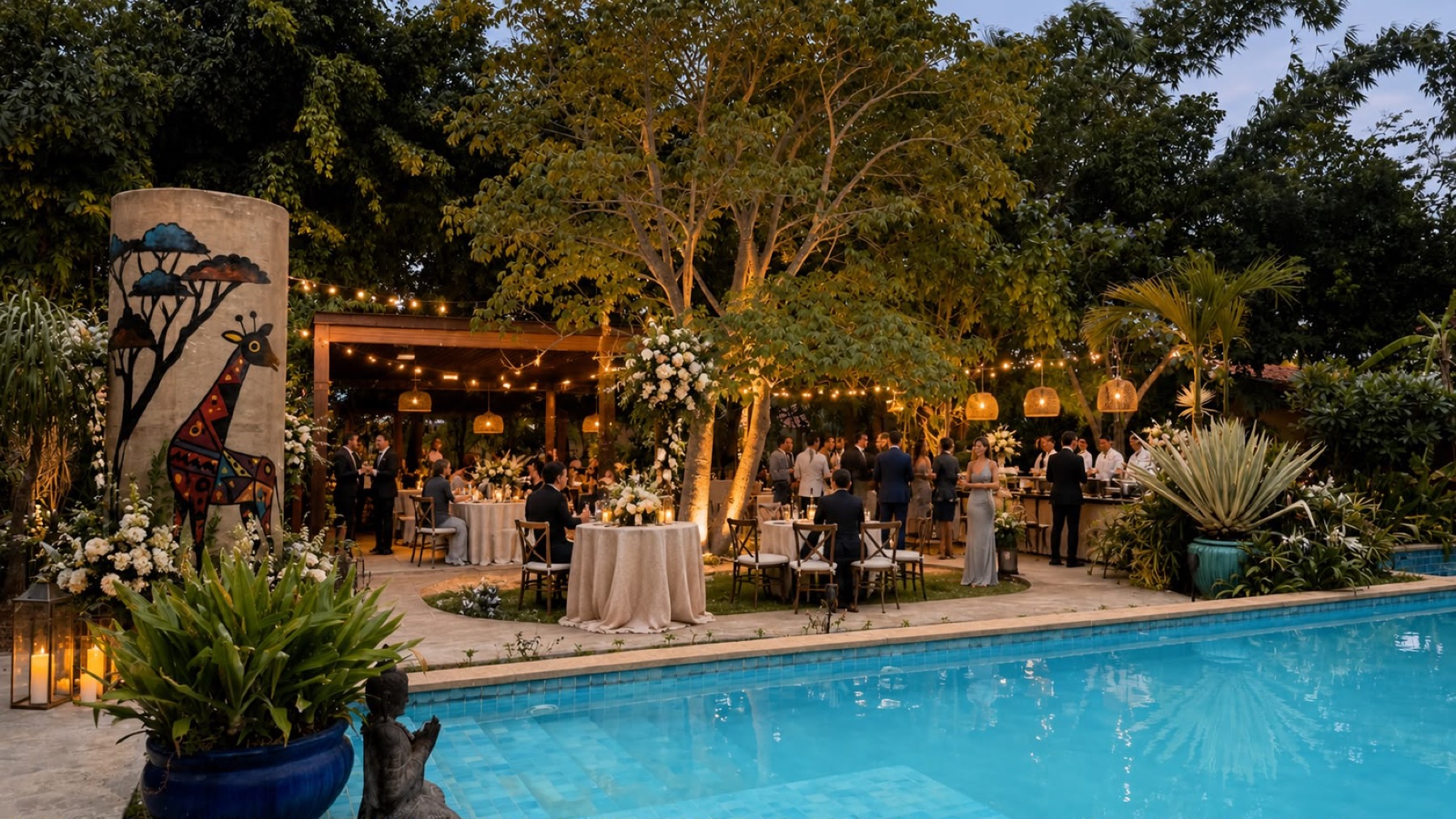 Guests gather at a poolside evening reception at Orchid Tree, under strings of warm light beside the water